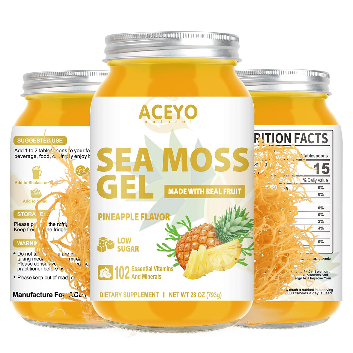 ACEYO Sea Moss Gel Pineapple 28oz bottle for tropical smoothies and bowls