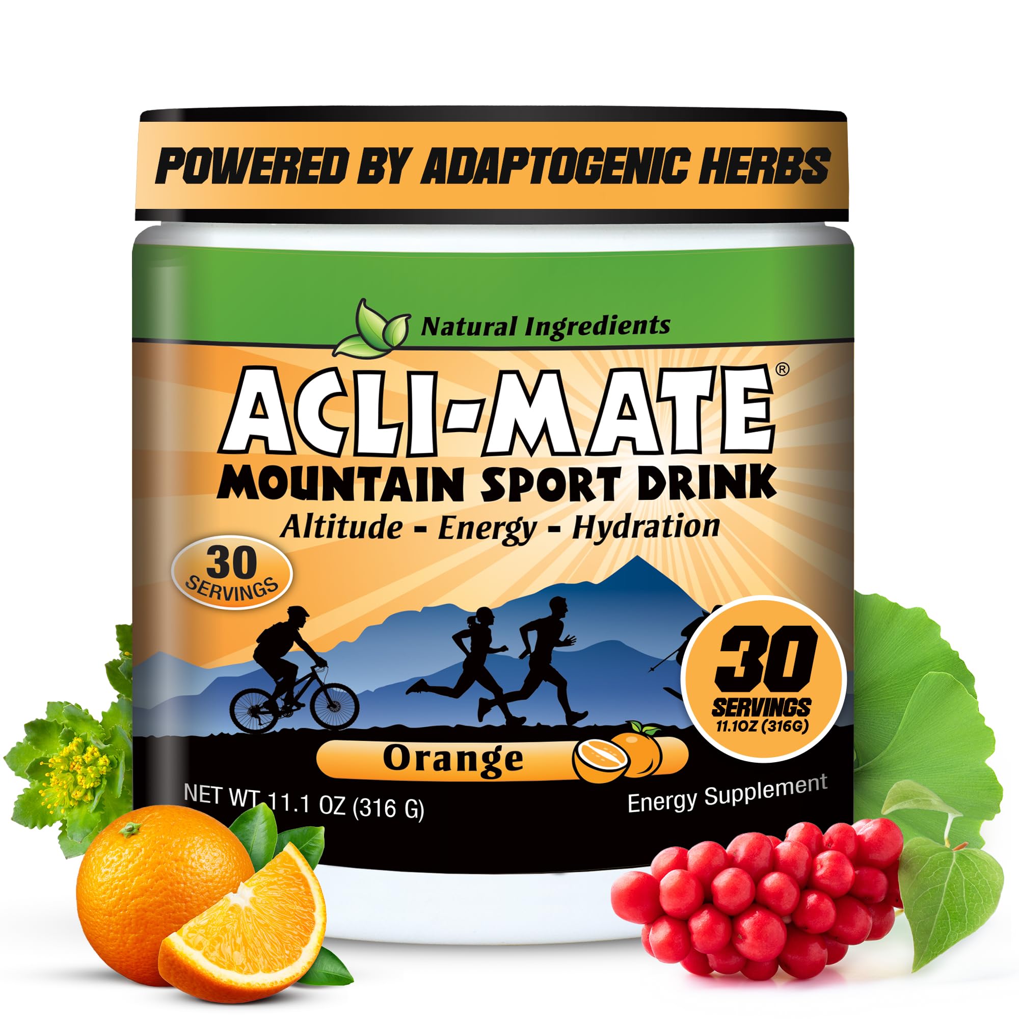 Acli-Mate Mountain Sport Drink Orange tub ready for altitude hydration