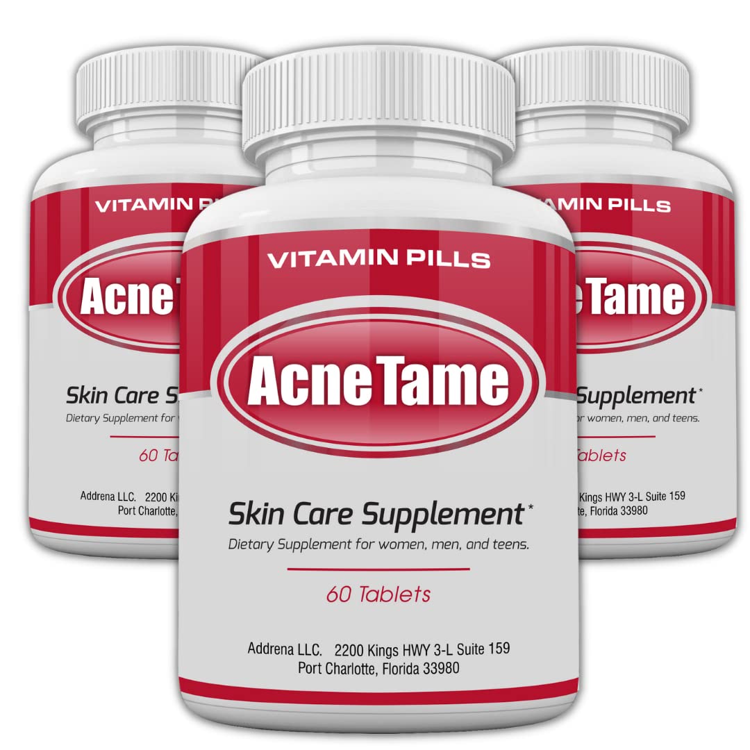 Acnetame Acne Tame 3-pack bottle front for daily skin support.