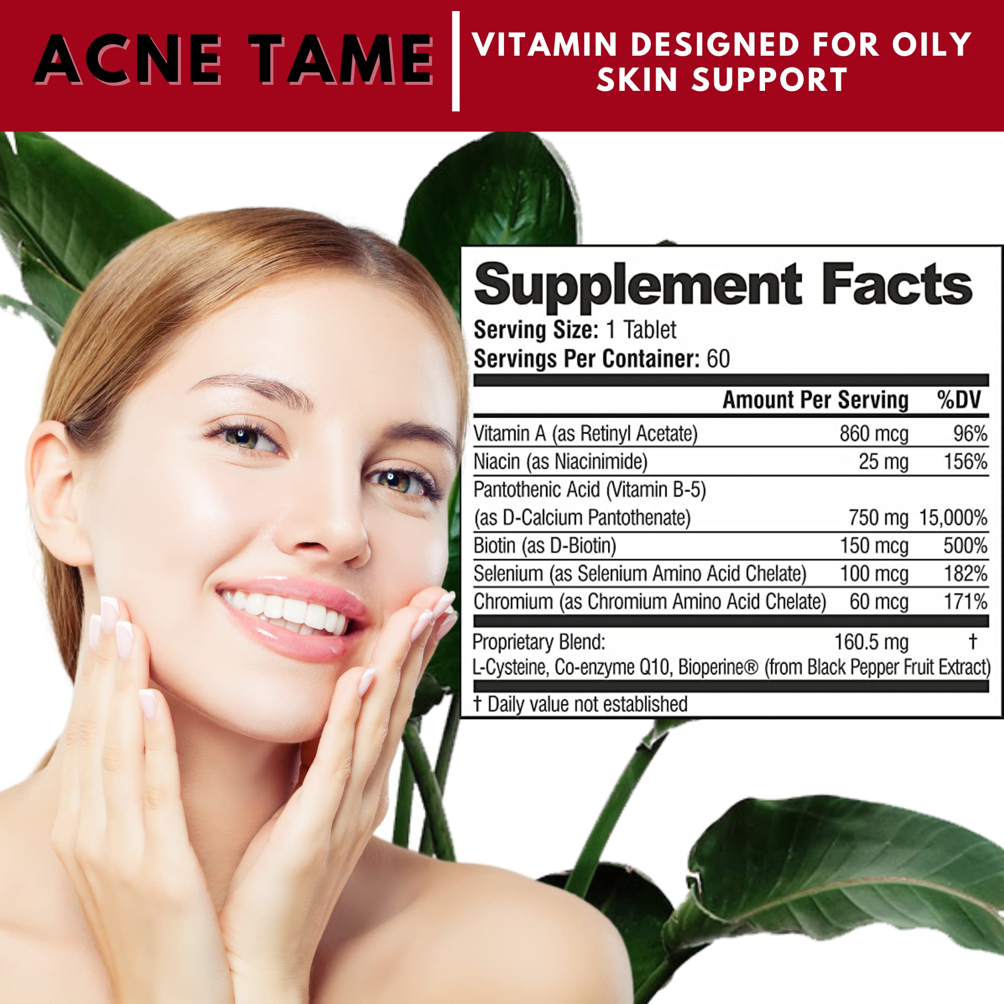 Acnetame Acne Tame bottle label highlights key skin-supporting ingredients.