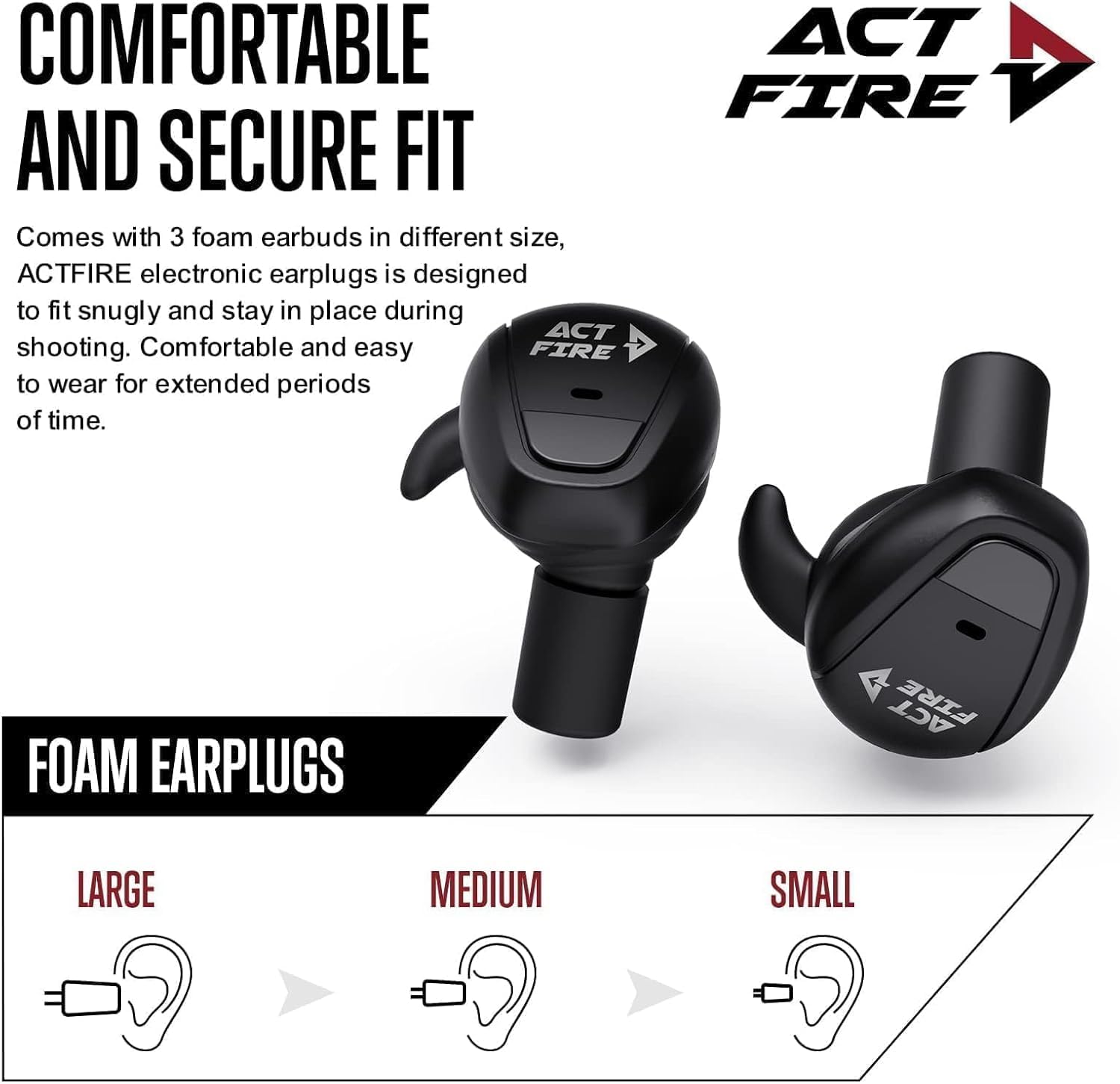 ACT FIRES includes three ear tip sizes, detachable lanyard, and USB cable.