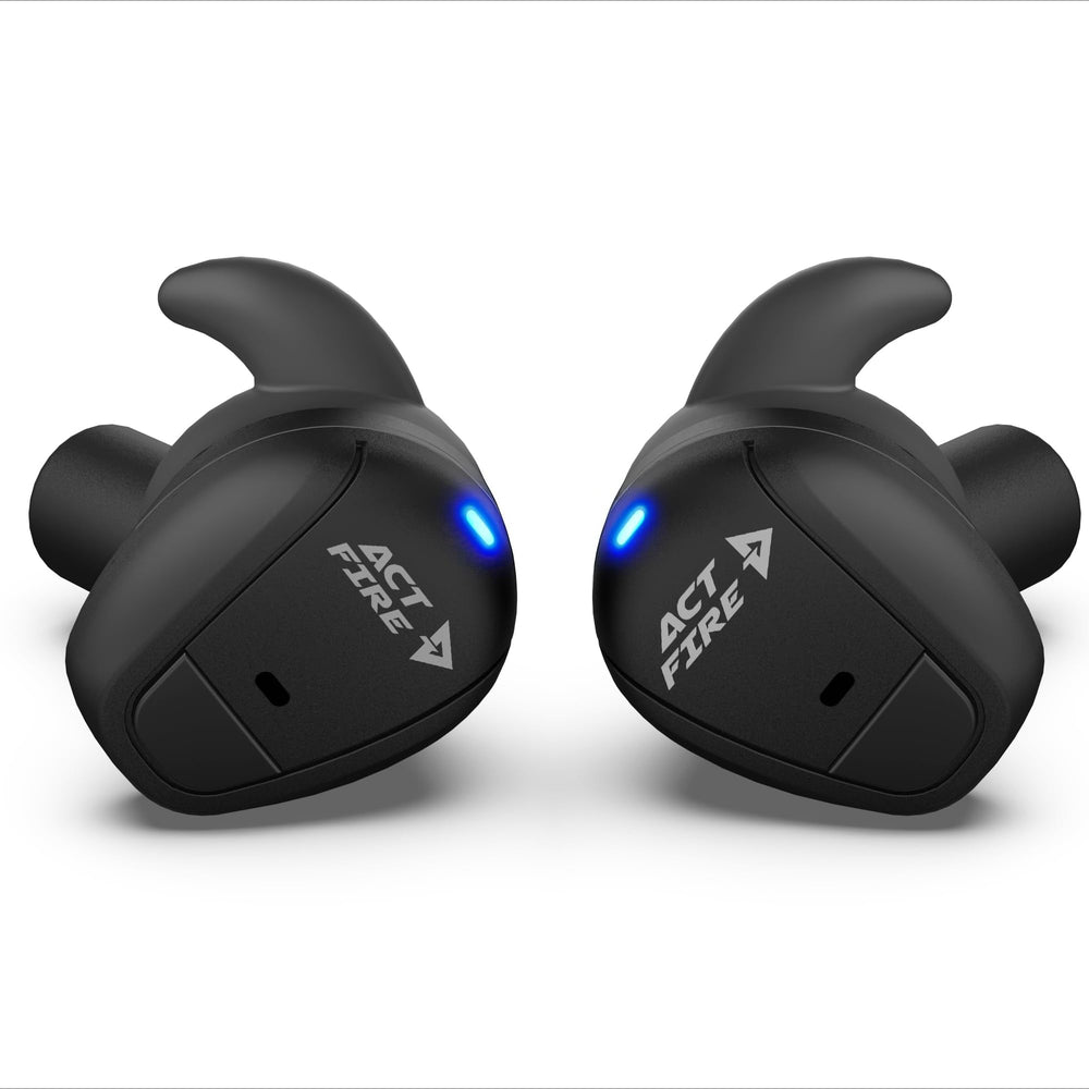 ACT FIRES Bluetooth shooting earbuds in charging case with indicators for quick charging and travel-ready power.