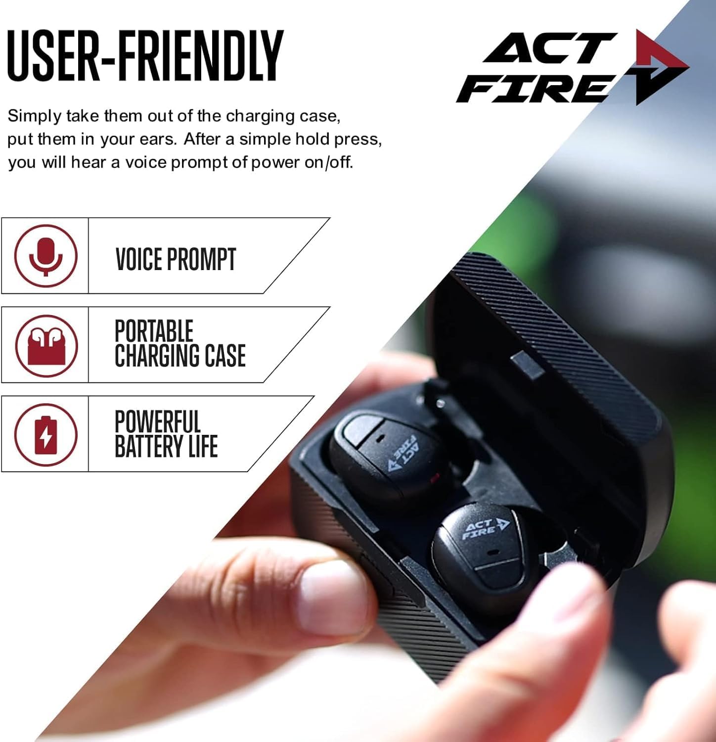 ACT FIRES detachable lanyard and charger keep ears portable.