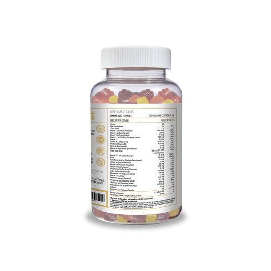 ACTIF Bariatric Gummies bottle back detailing 25+ organic vitamins and minerals for comprehensive nutrition.