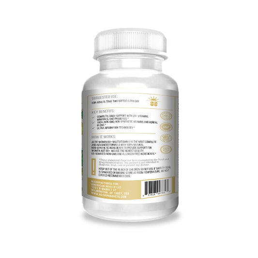 ACTIF Organic Multivitamin bottle pour demonstrates convenient daily intake for older women.