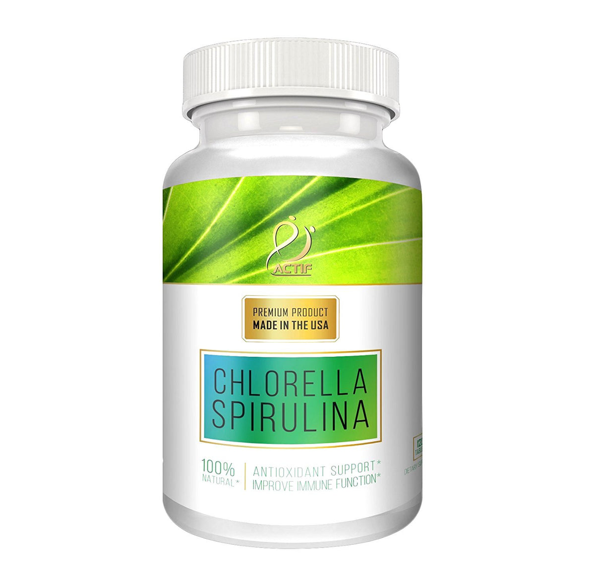ACTIF chlorella spirulina bottle showing organic greens for daily nutrition
