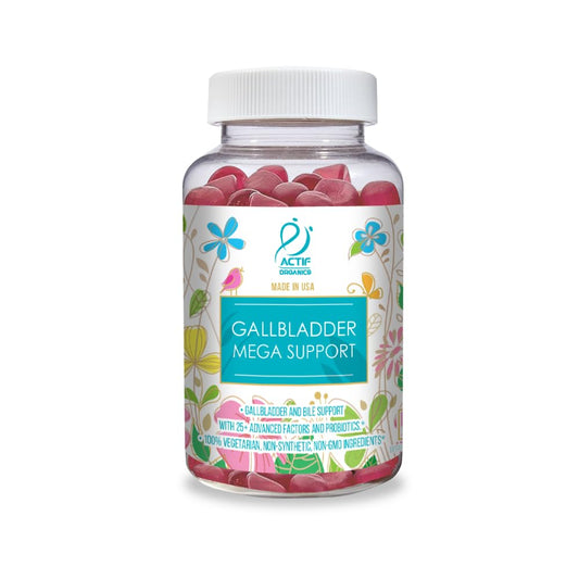 ACTIF Gallbladder Mega Support bottle front with strawberry gummies for daily wellness.
