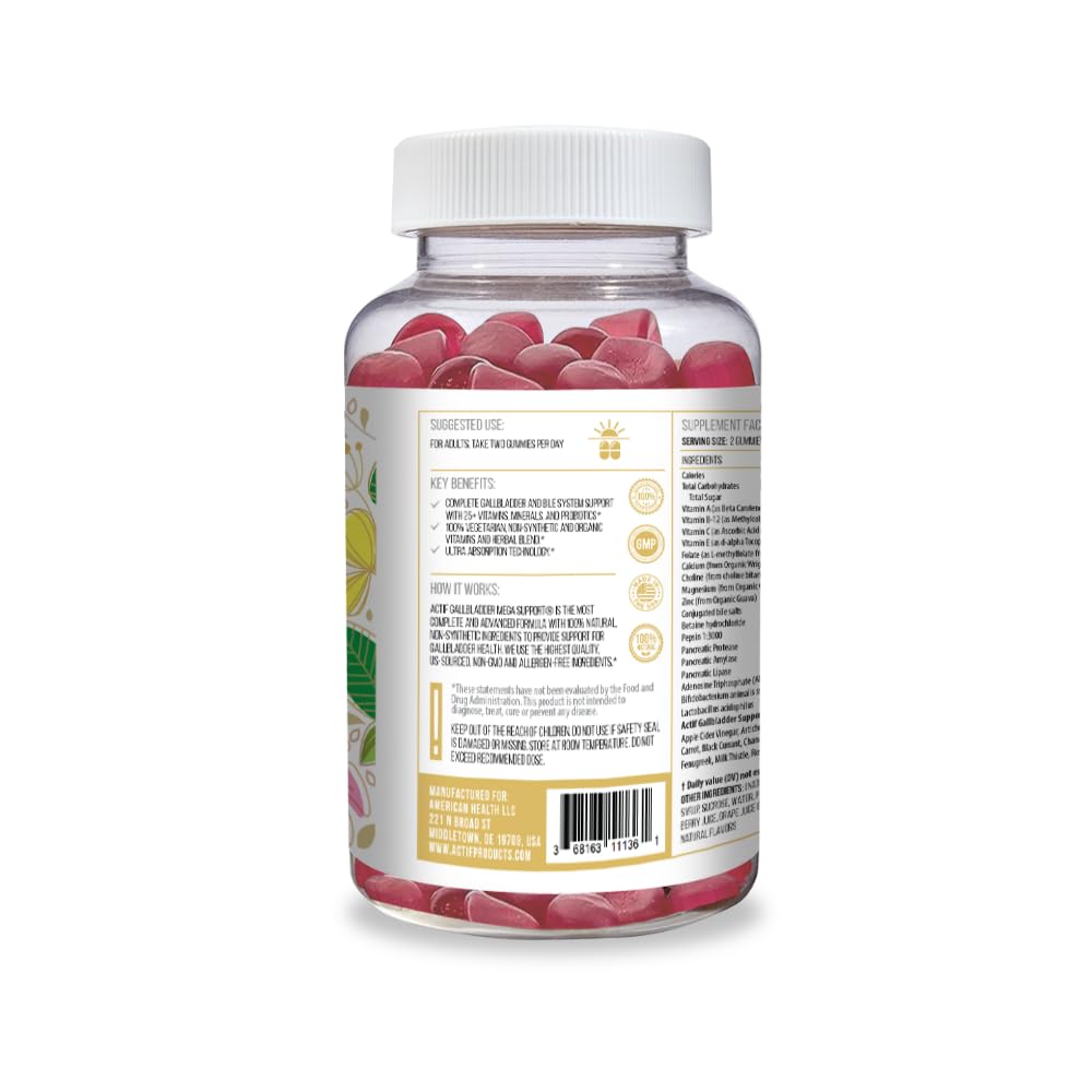 ACTIF Gallbladder Mega Support bottle label highlights 60 strawberry gummies for easy daily intake.