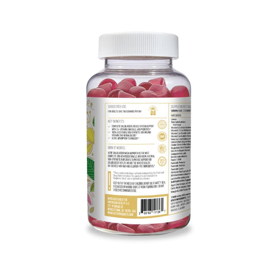 ACTIF Gallbladder Mega Support bottle label highlights 60 strawberry gummies for easy daily intake.