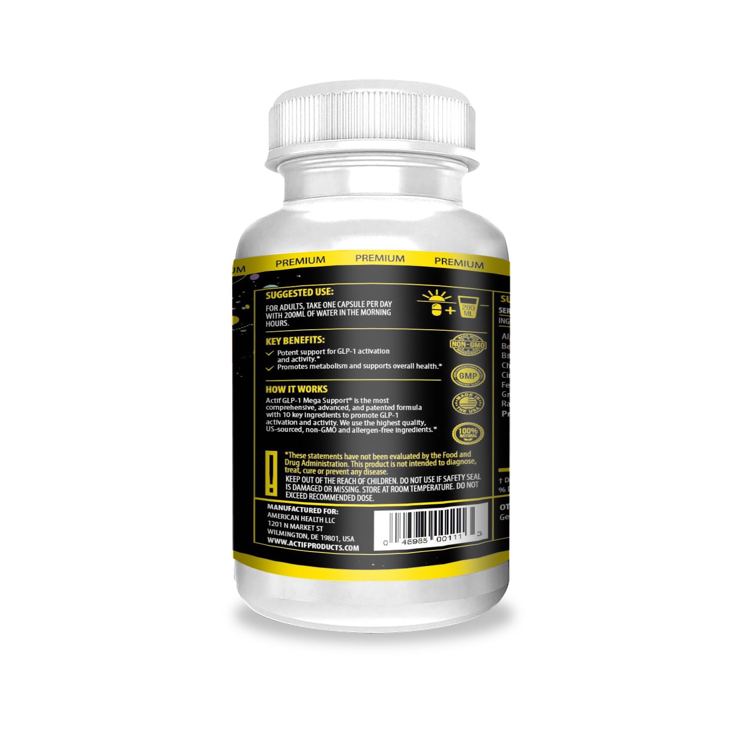 ACTIF GLP-1 Mega Support bottle back with ingredients overview for GLP-1 activation