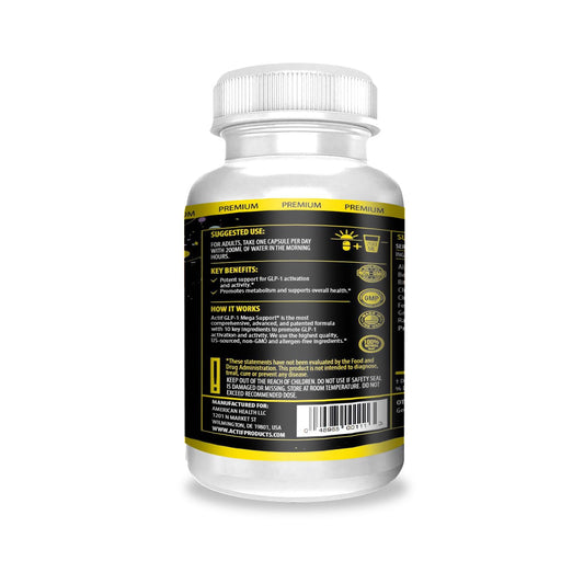 ACTIF GLP-1 Mega Support bottle back with ingredients overview for GLP-1 activation