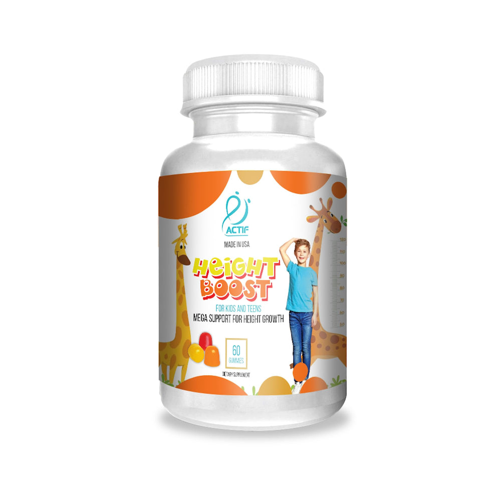 Actif Height Boost gummies jar showcasing strawberry flavor for daily support.