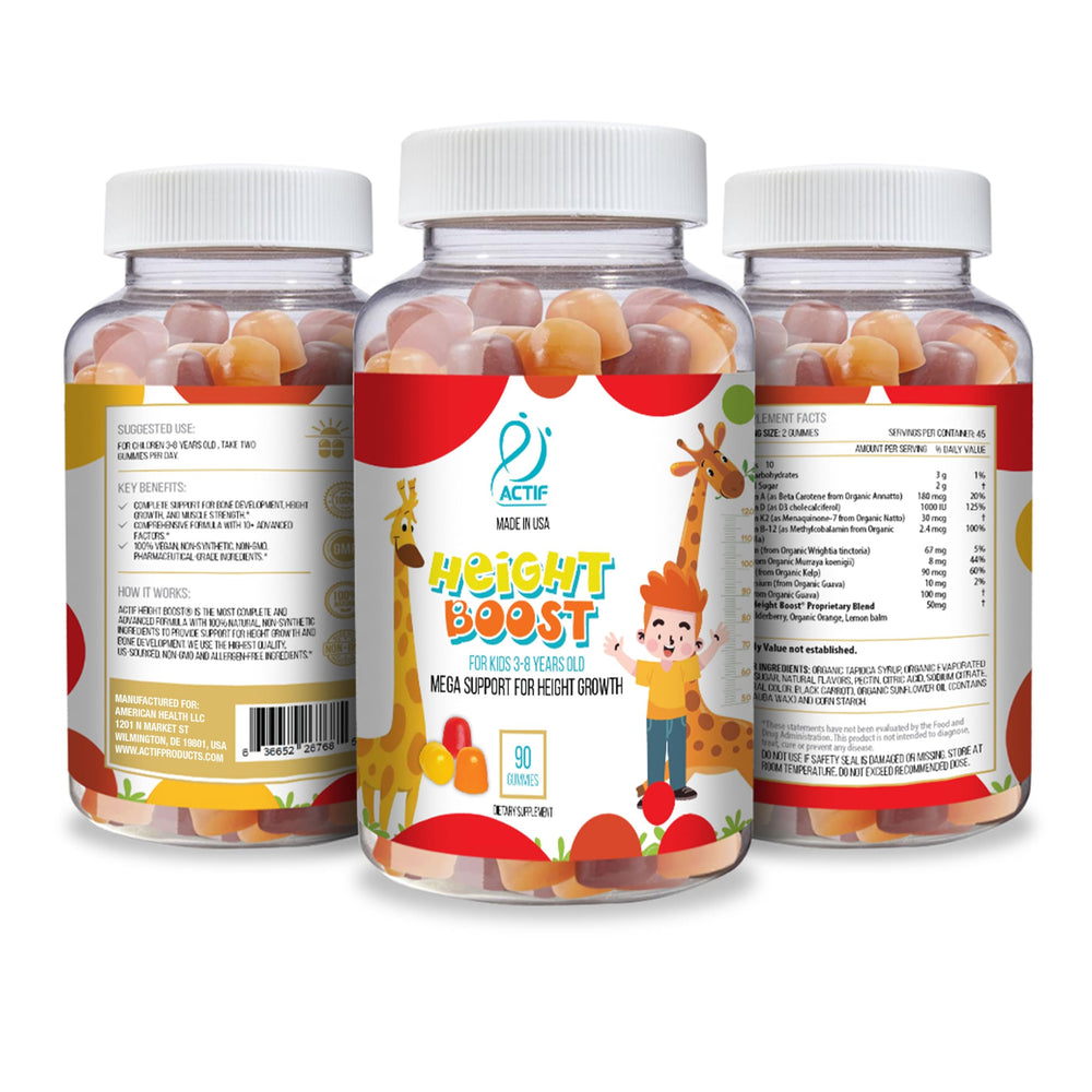 ACTIF Height strawberry flavor label emphasizing kid-friendly taste.