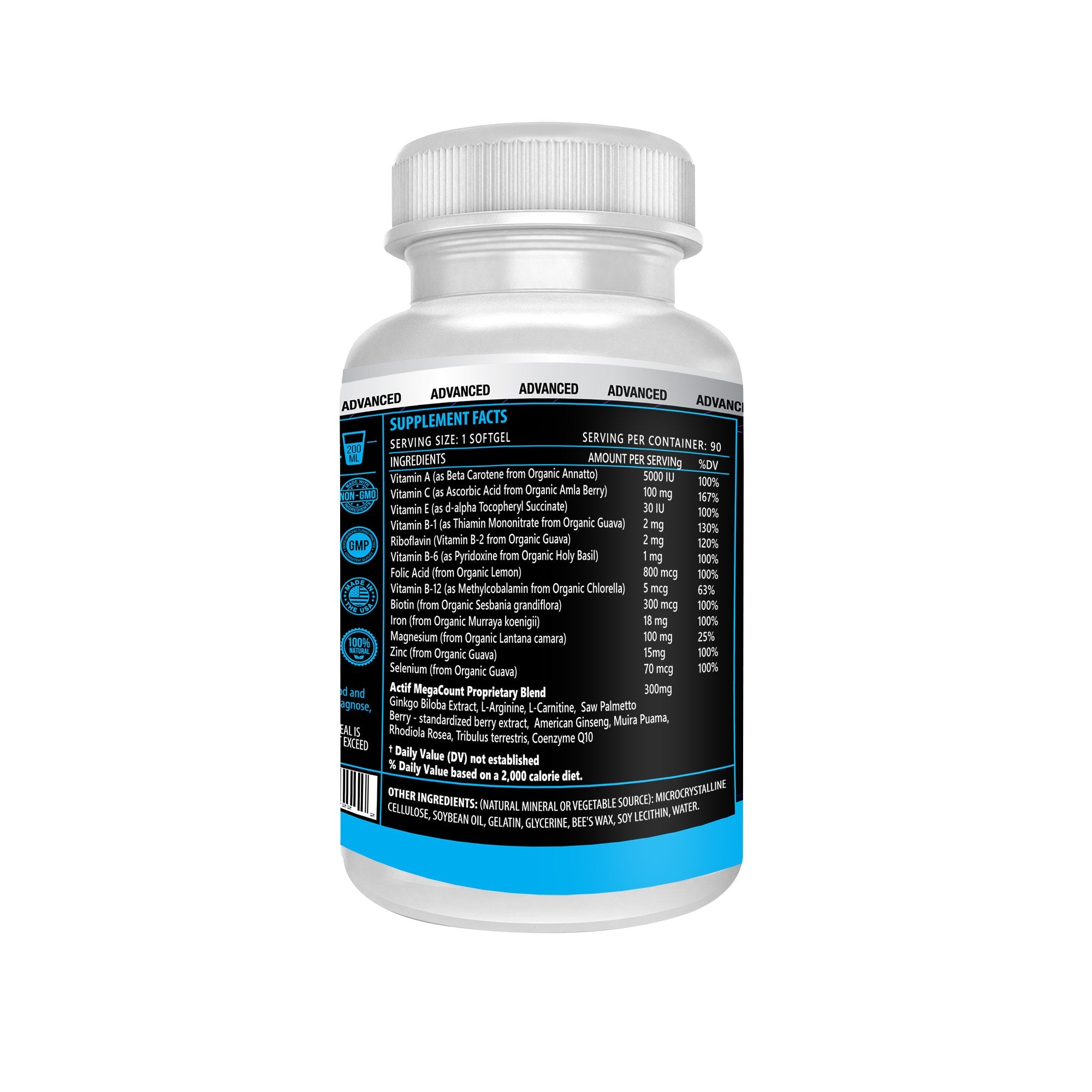 ACTIF MegaCount for Men bottle label with ingredients and branding