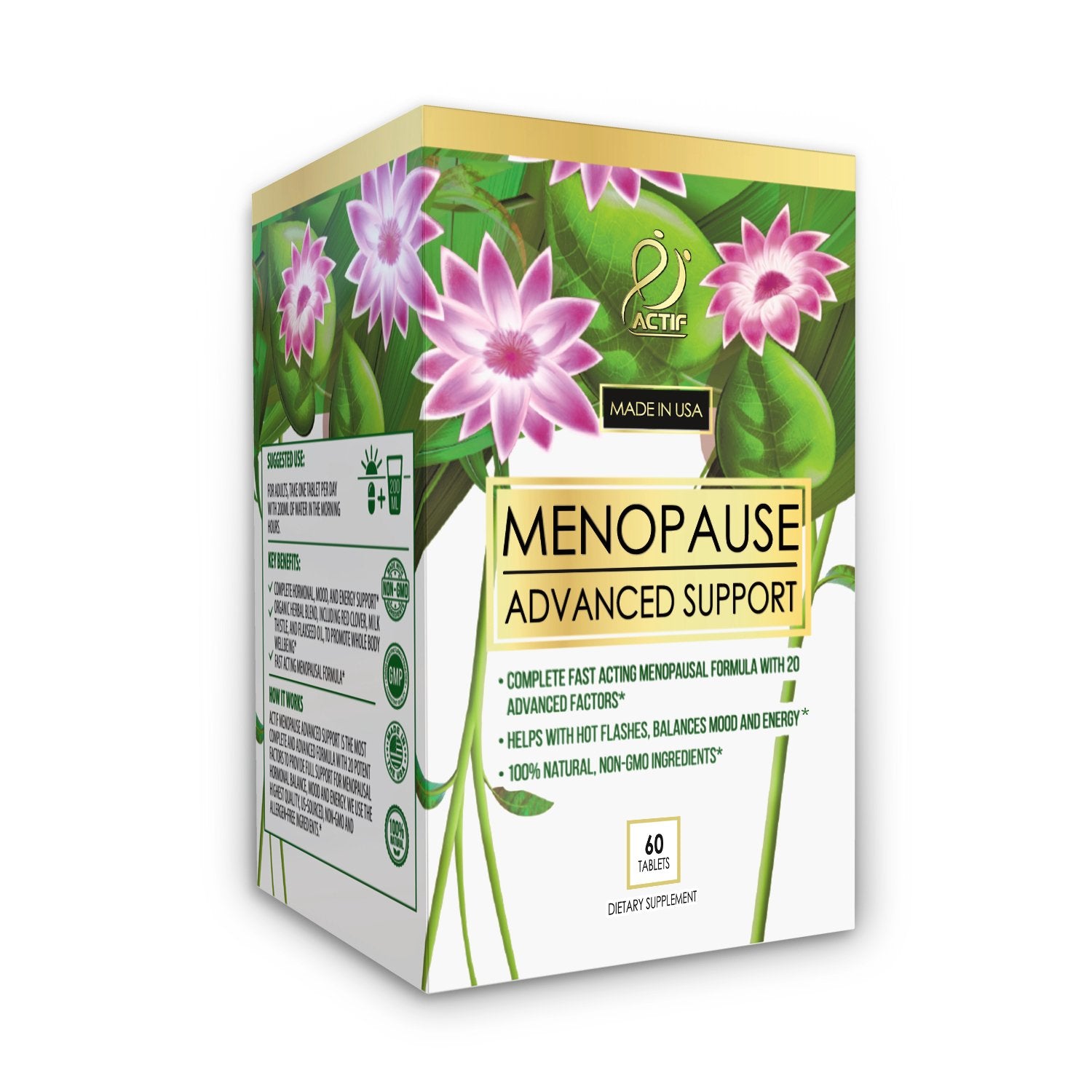 ACTIF Menopause Advanced Support bottle promotes daily balance.