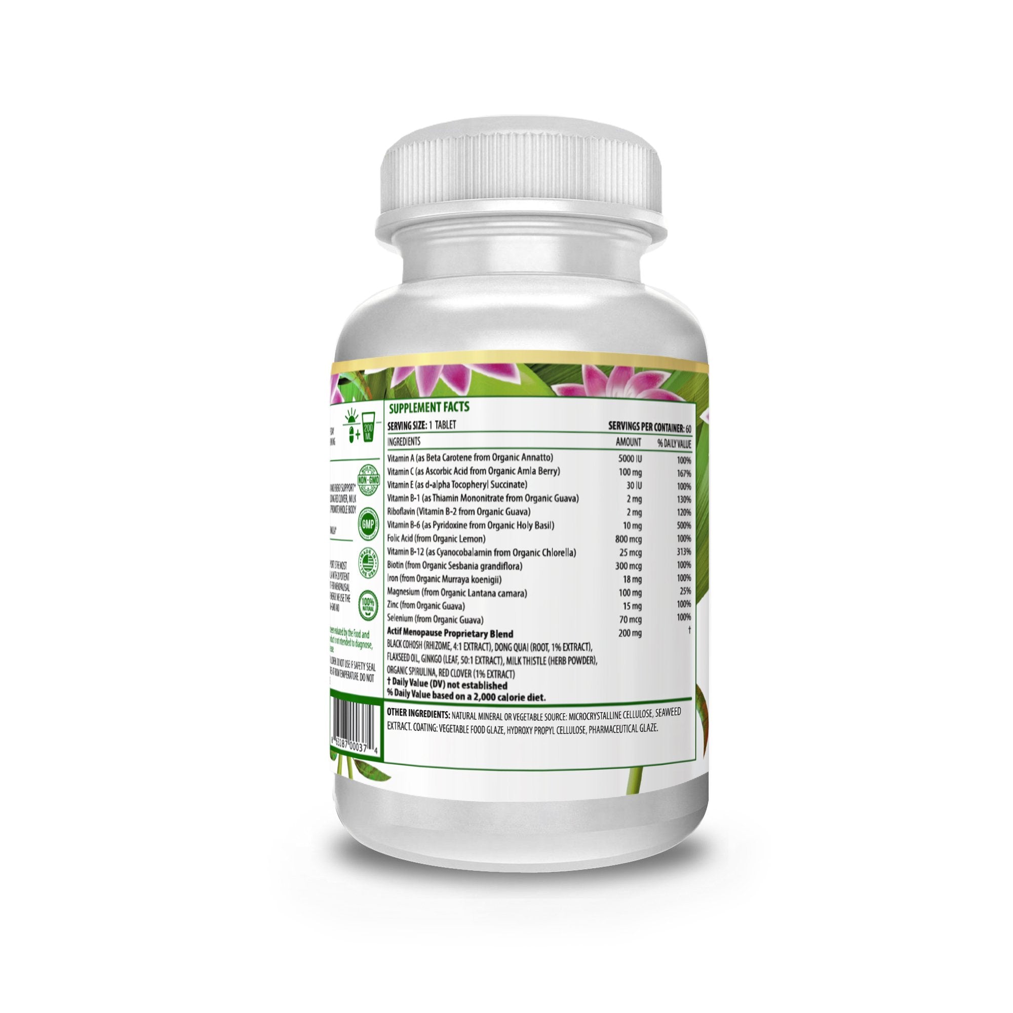 ACTIF Menopause Advanced Support packaging shows non-GMO and gluten-free credentials.