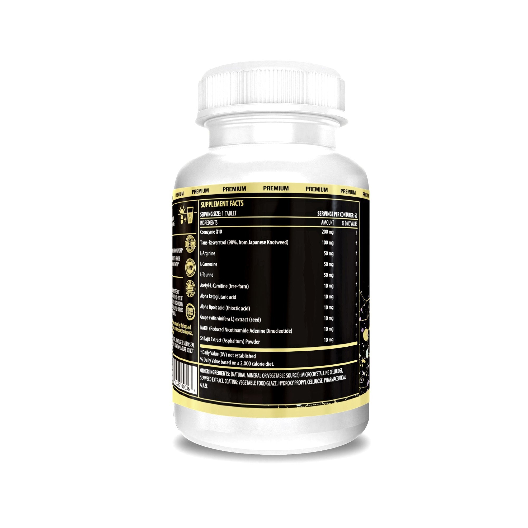 ACTIF Mitochondrial Mega Support ingredients include CoQ10 and Resveratrol for mitochondrial support.