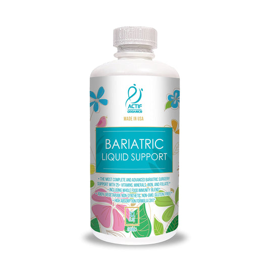 Actif Organic Bariatric Liquid bottle closeup showing label and 25+ vitamins for daily support
