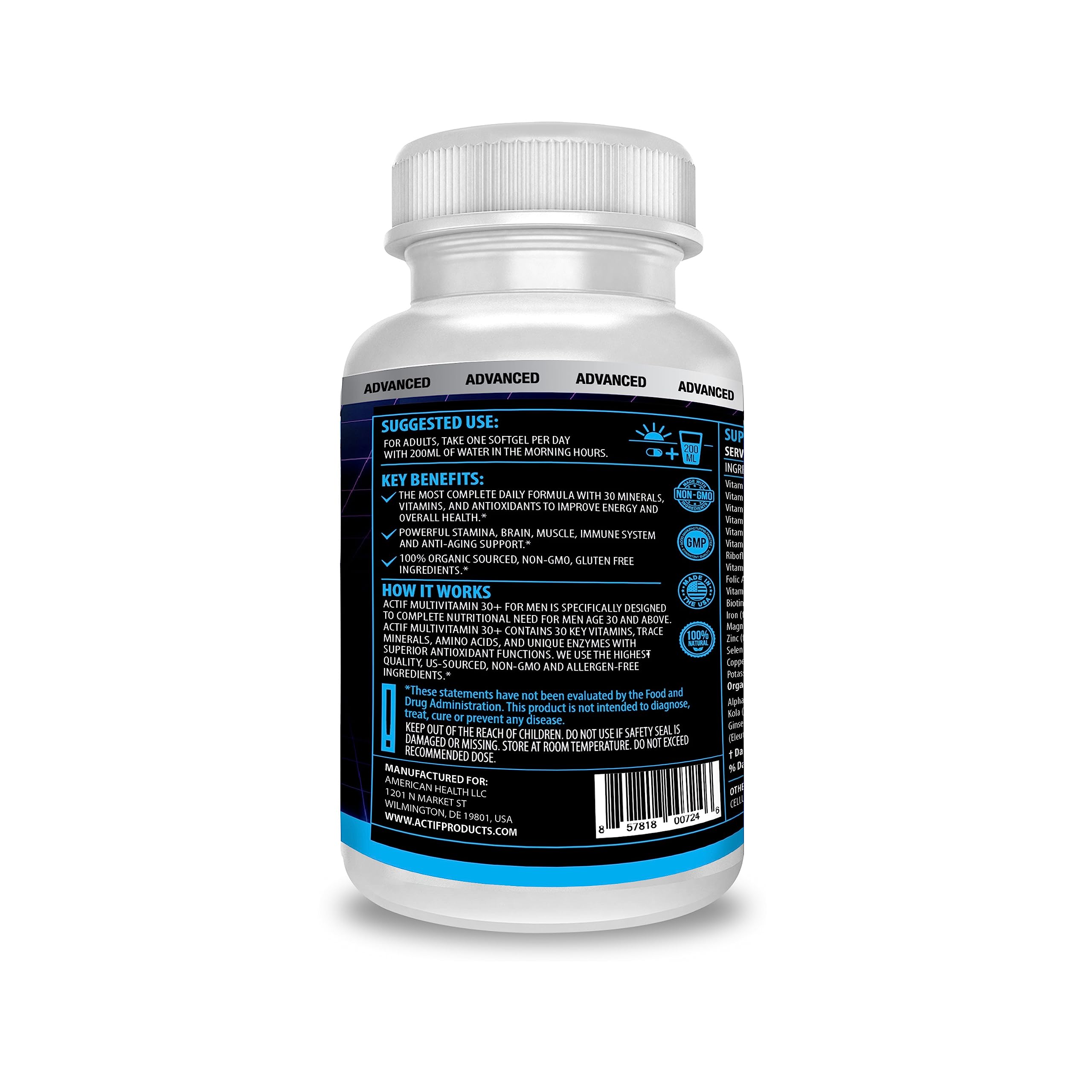 ACTIF Multivitamin ingredients close-up shows organic herbs for wellness.