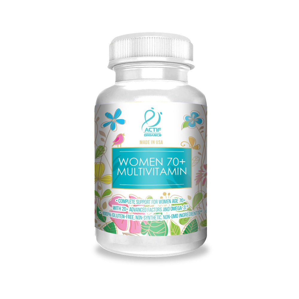 ACTIF organic multivitamin bottle for women 70+, comprehensive daily support.