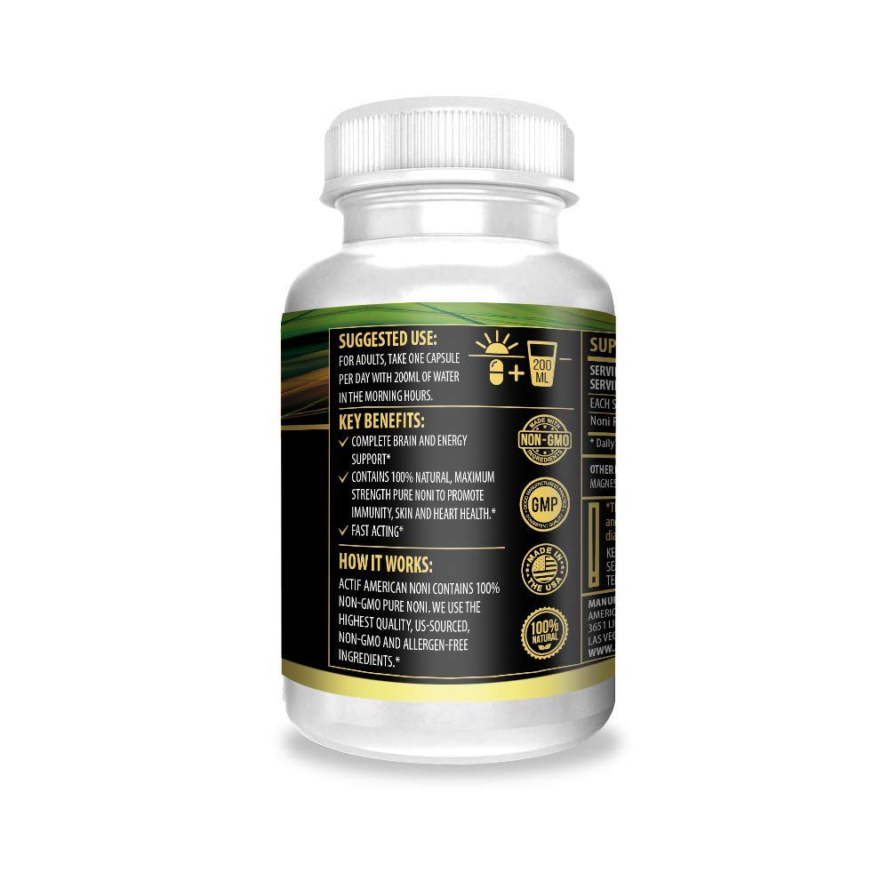 Actif Organic Noni bottle side view highlighting non-GMO and gluten-free claims