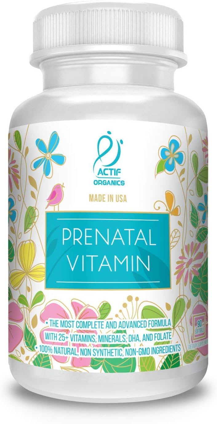 ACTIF Organic Prenatal bottle close-up highlighting 25+ vitamins for pregnancy support.