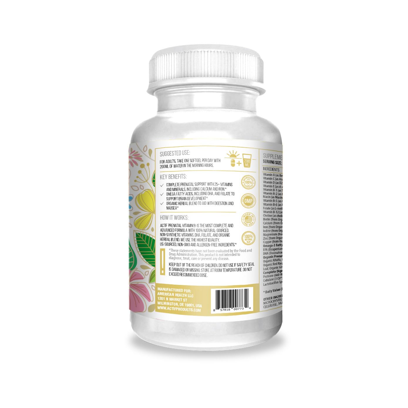 ACTIF Organic Prenatal bottle label detailed showing DHA, EPA, and choline highlights