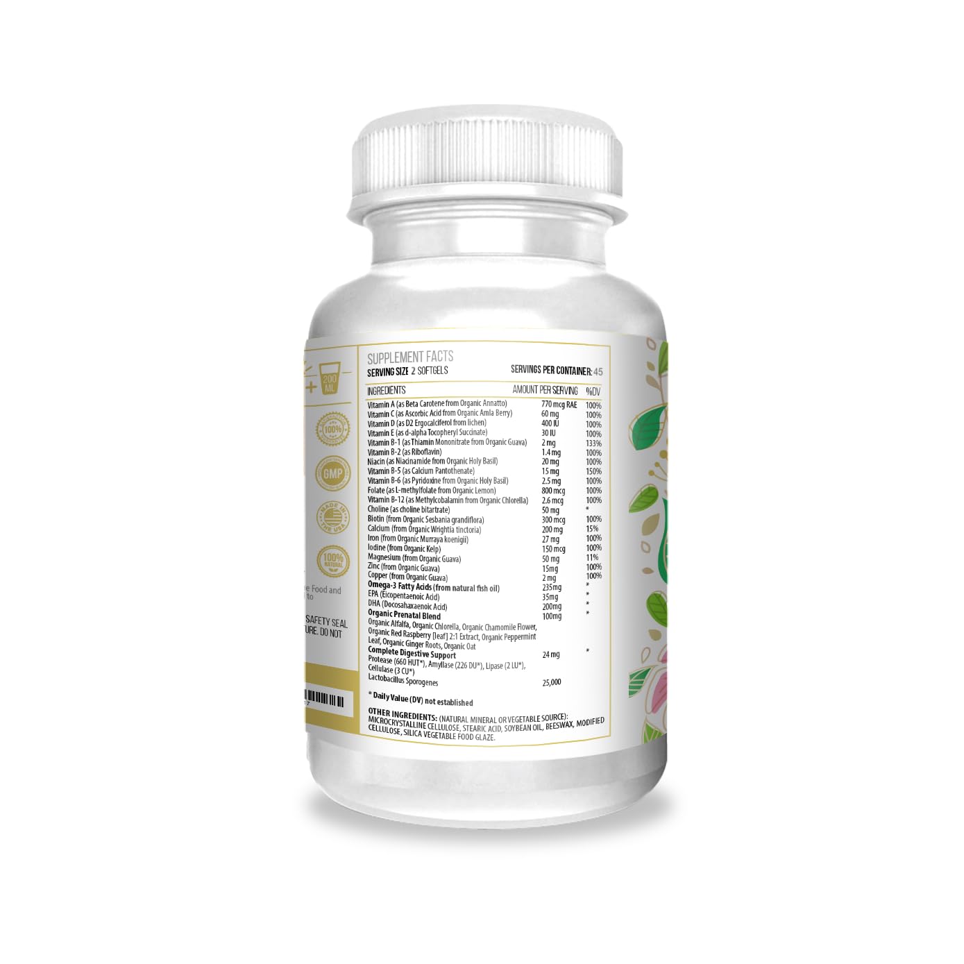 Close-up of ACTIF Prenatal Vitamin label with organic ingredients.