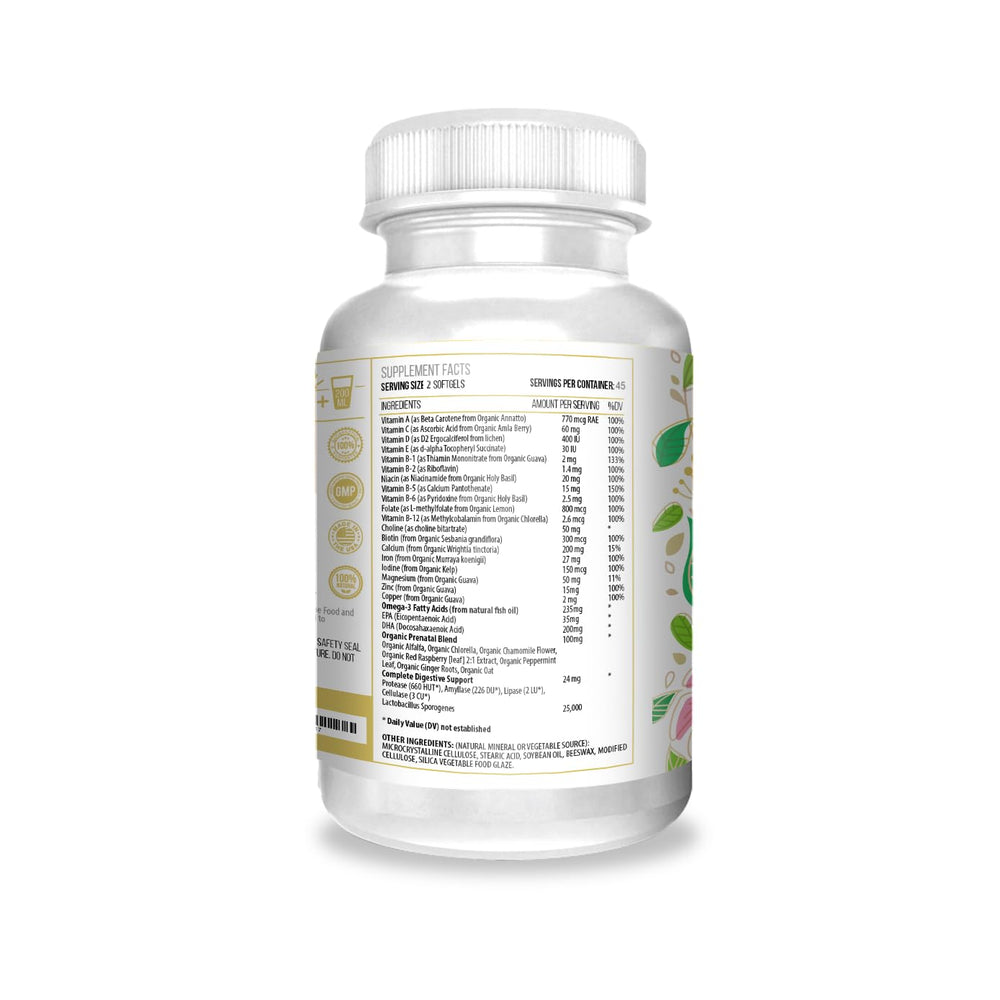 Close-up of ACTIF Prenatal Vitamin label with organic ingredients.