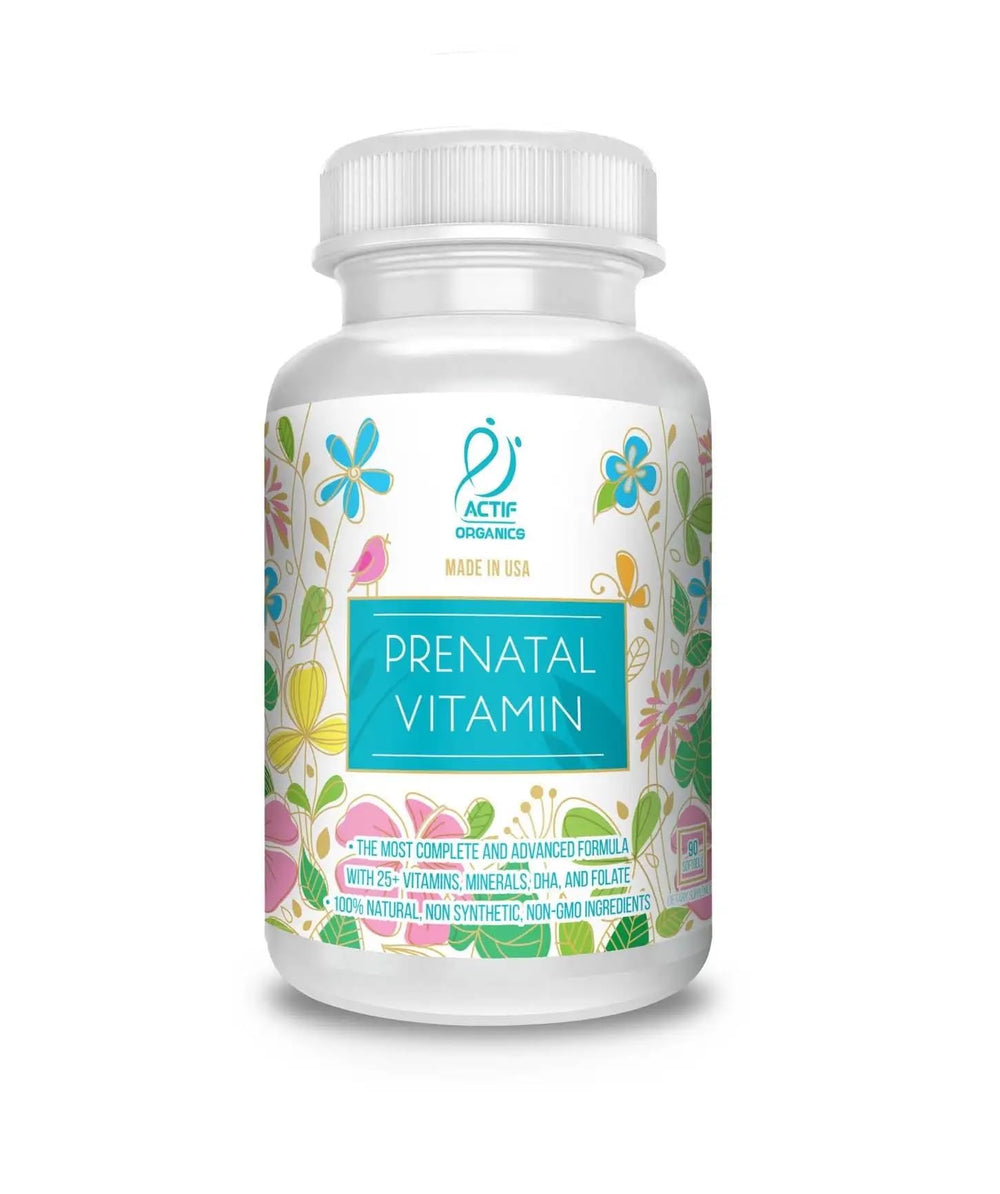 ACTIF Organic Prenatal Vitamin bottle showing full prenatal nutrition.