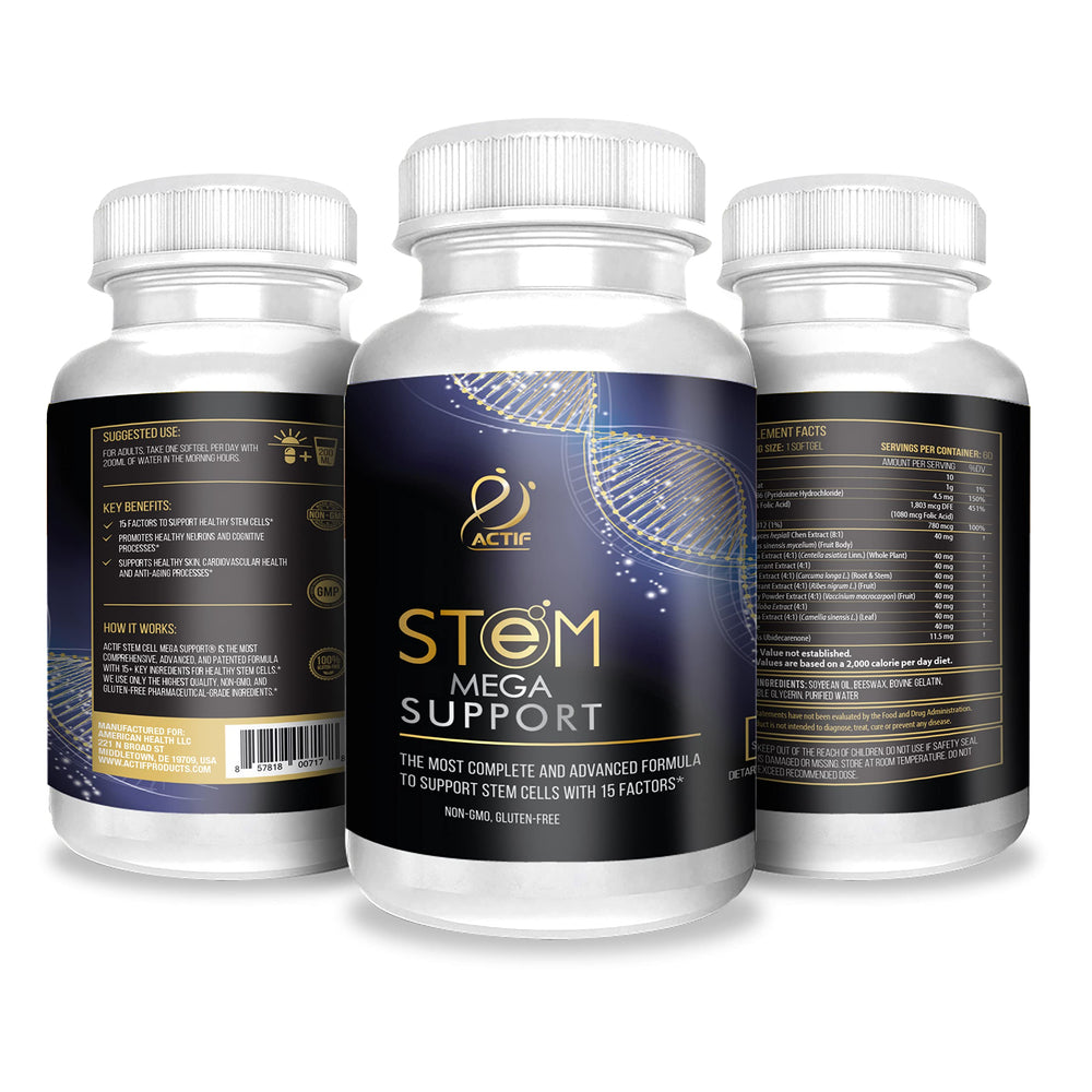 ACTIF Stem Cell Mega Support capsules offer potential cellular support during aging.