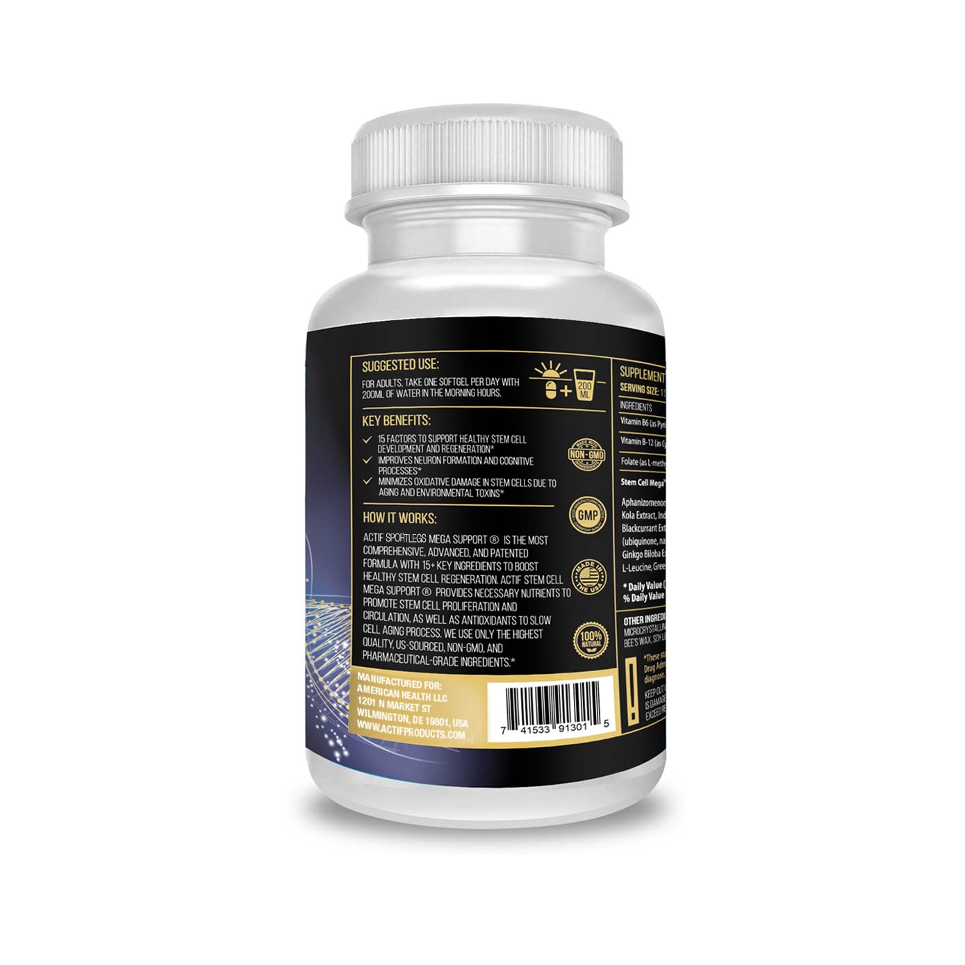ACTIF Stem Cell Mega Support label closeup highlights 15 factors and non-GMO attributes.