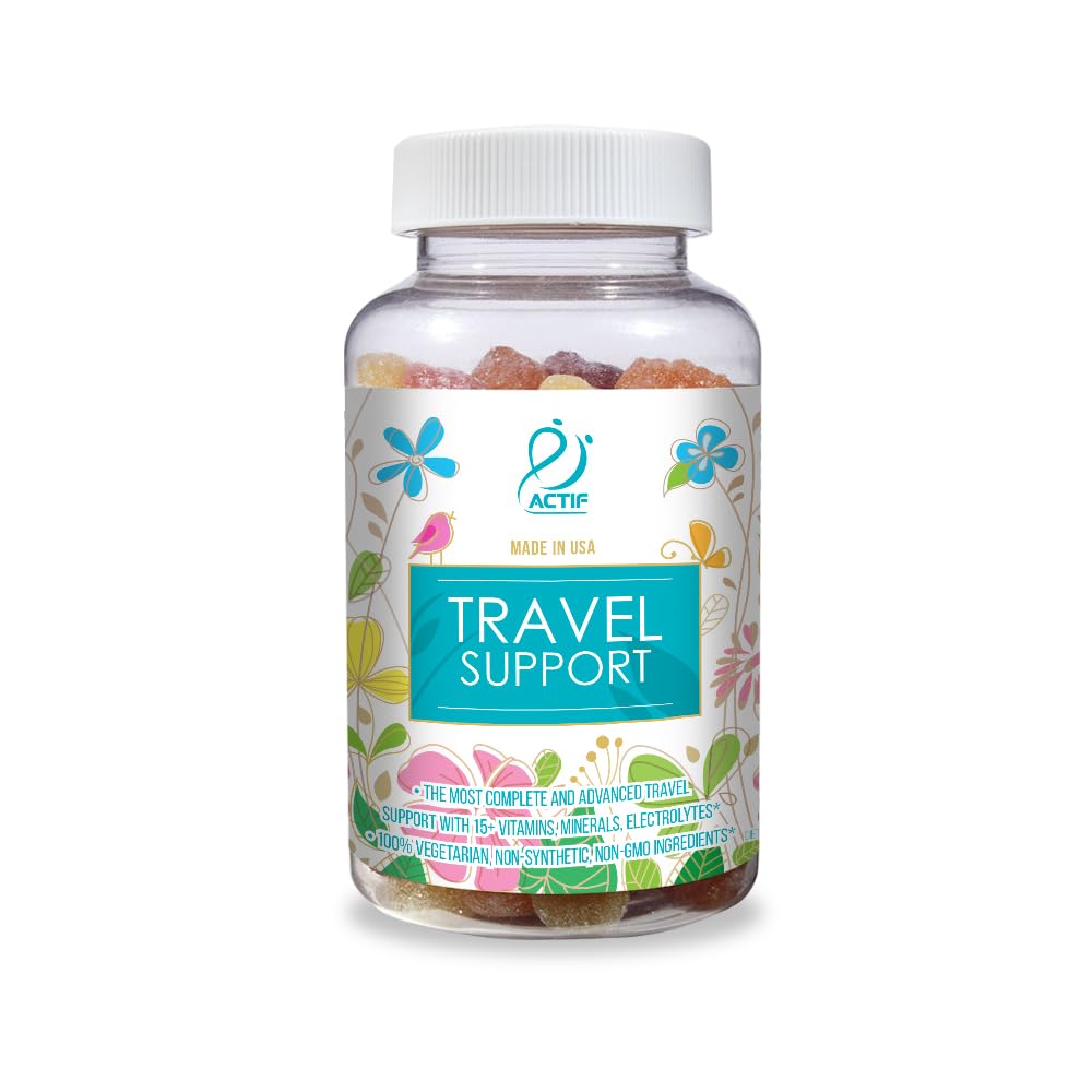 ACTIF Travel Mega Support bottle pour showing berry gummies for travel hydration