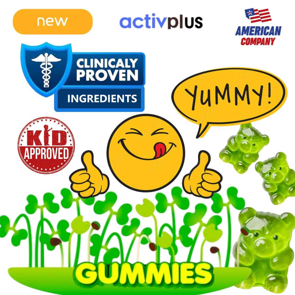 Icons depict broccoli sprouts, sulforaphane, myrosinase, and glucoraphanin in ACTIV PLUS.