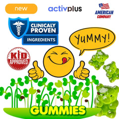 Icons depict broccoli sprouts, sulforaphane, myrosinase, and glucoraphanin in ACTIV PLUS.