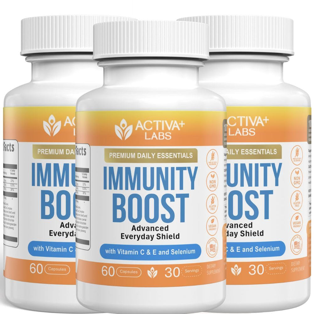 Activa Labs Immunity Boost bottle front highlighting vegan, non-GMO immune support for daily resilience.