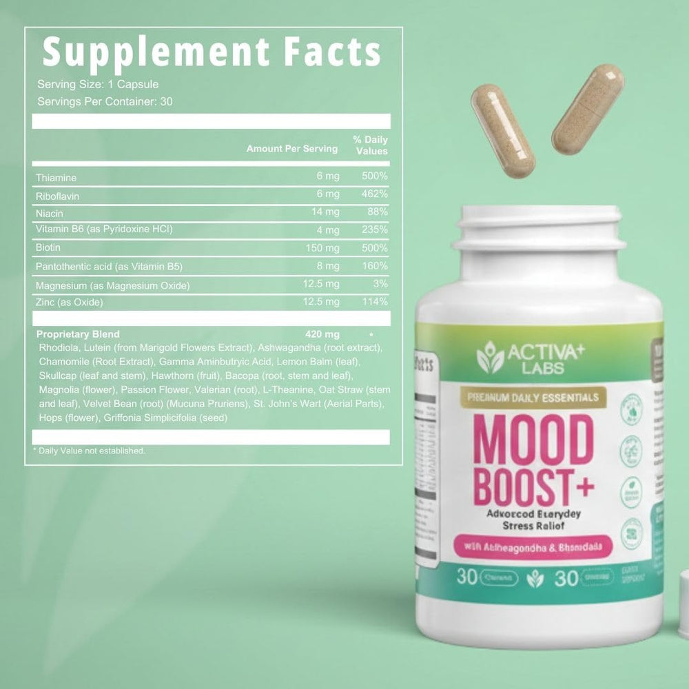 Activa Labs Mood Boost lifestyle shot suggesting calmer focus during busy day
