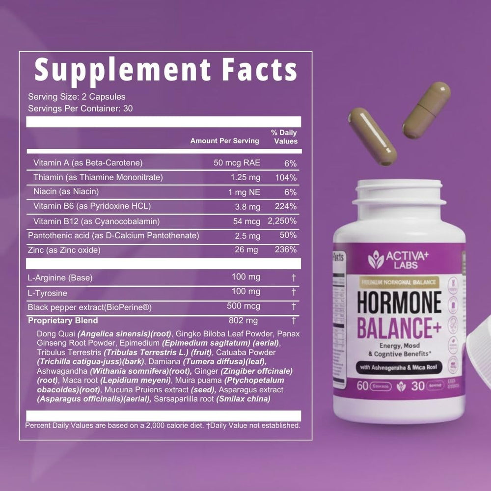 Activa Labs+ Hormone Balance vegan non-GMO attribute on packaging
