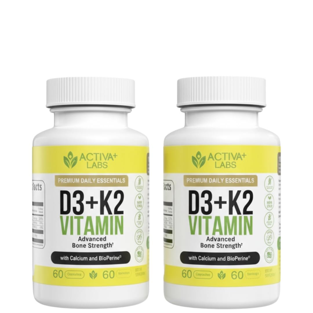 Activa Labs Vitamin D3 & K2 bottle closeup shows vegan, non-GMO bone support.
