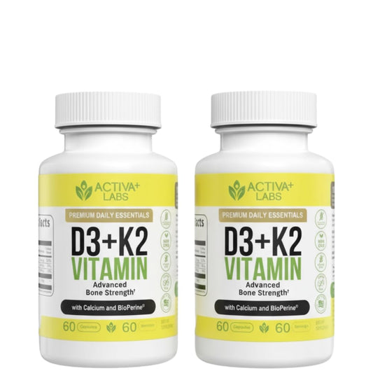 Activa Labs Vitamin D3 & K2 bottle closeup shows vegan, non-GMO bone support.