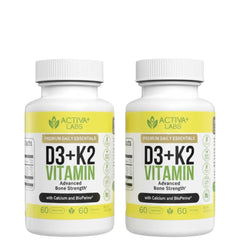 Activa Labs Vitamin D3 & K2 bottle closeup shows vegan, non-GMO bone support.
