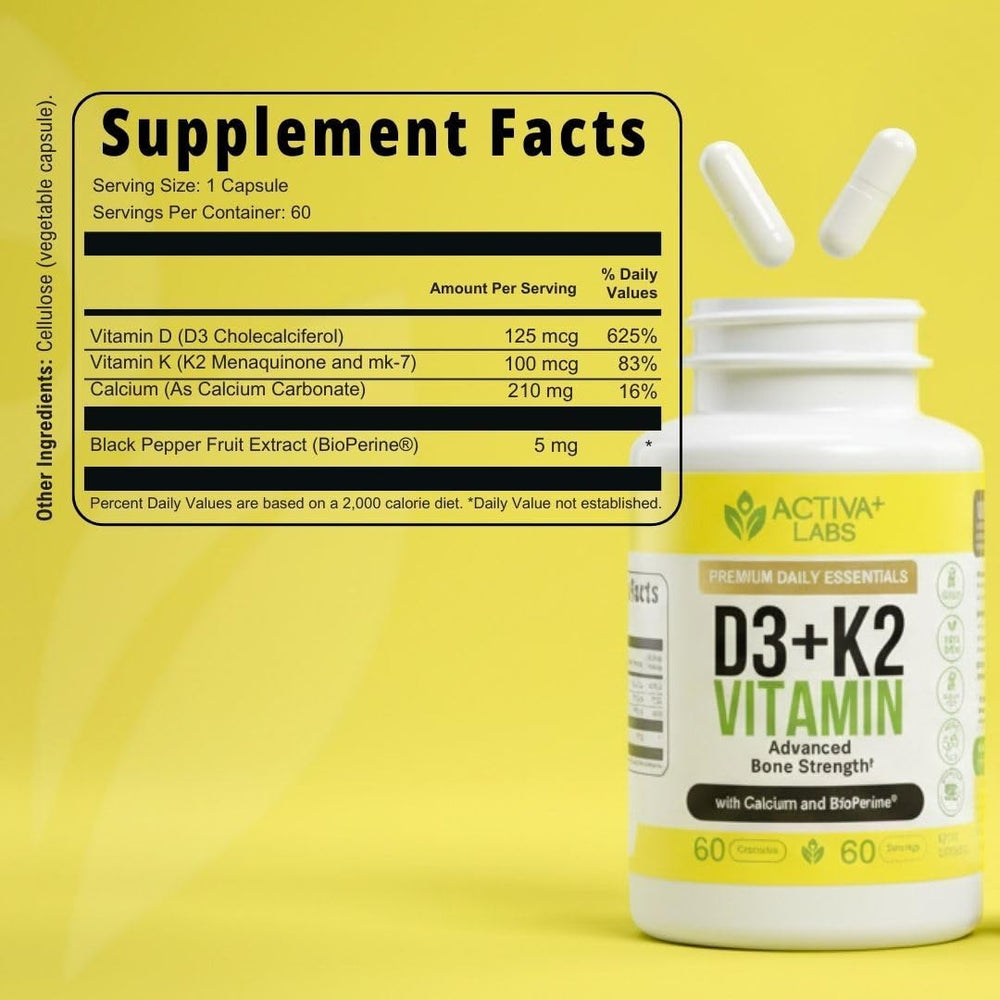 Activa Labs Vitamin D3 & K2 bottle on desk signals convenient daily supplementation.