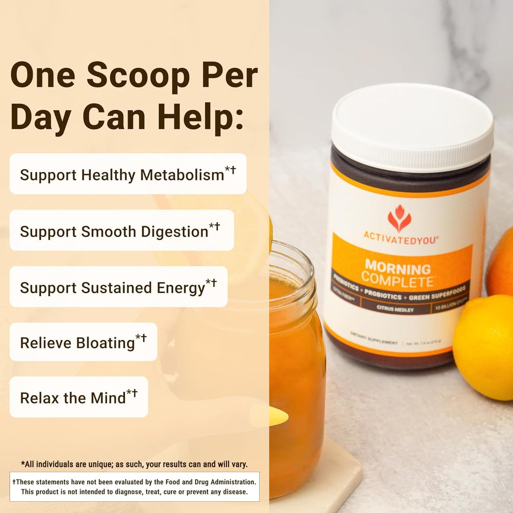 ActivatedYou Morning Complete powder dissolves easily for a smooth citrus boost.