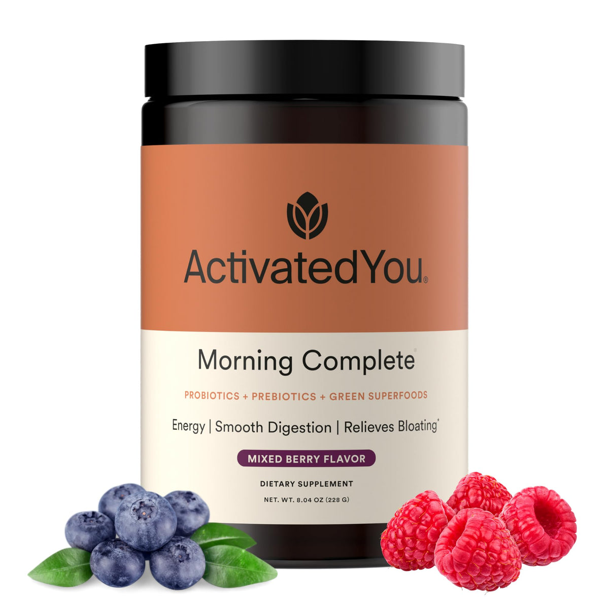 ActivatedYou Morning Complete greens powder tub with mixed berry flavor for daily vitality.