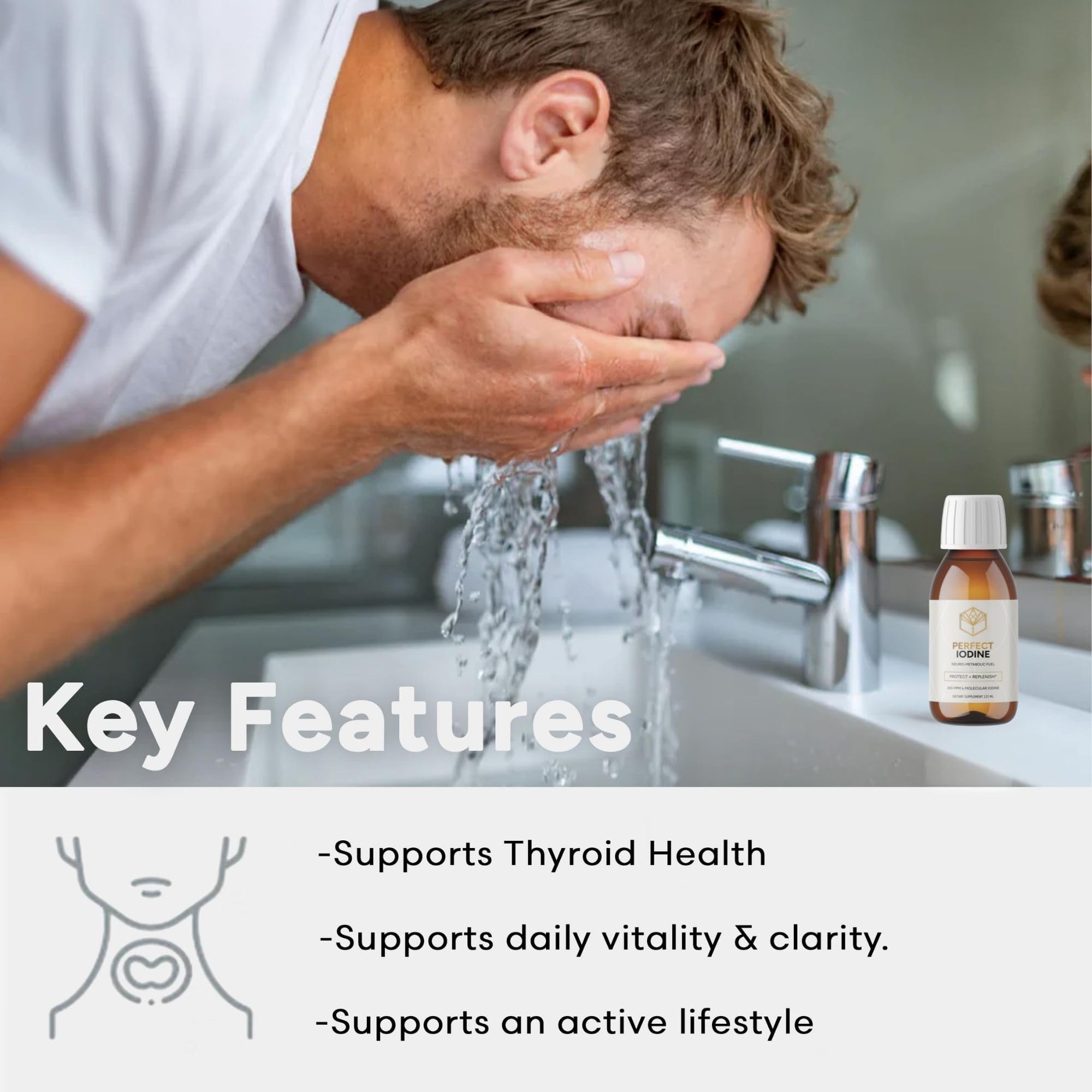Activation Iodine Solution skin application demonstrates topical cleansing use.