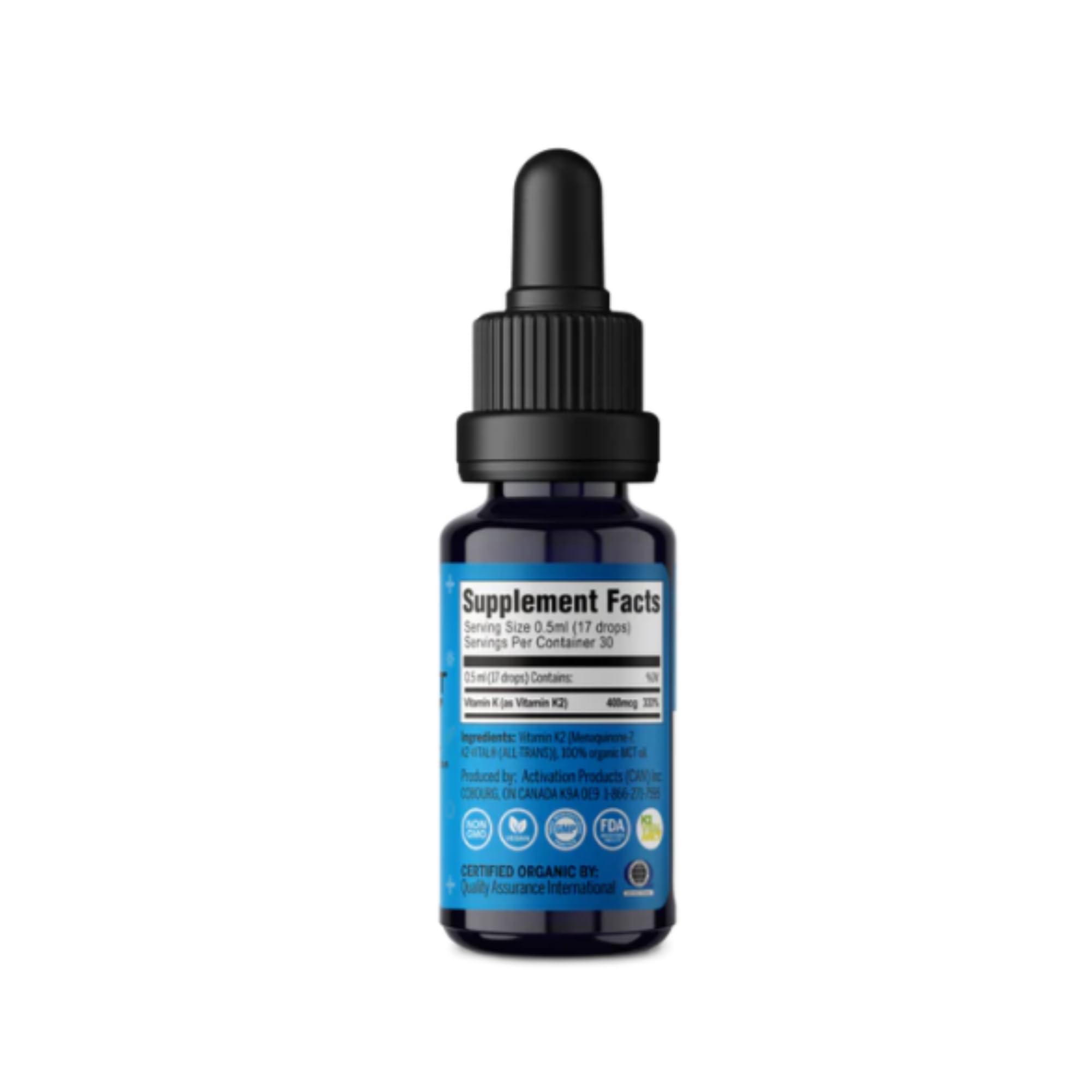 ACTIVATION K2MK7 liquid bottle label highlights calcium support for teeth.