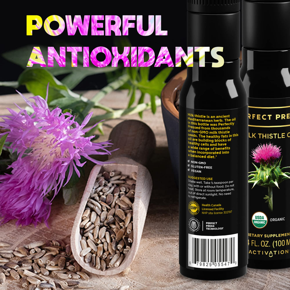 ACTIVATION Milk Thistle Oil on wooden backdrop evokes premium wellness ritual
