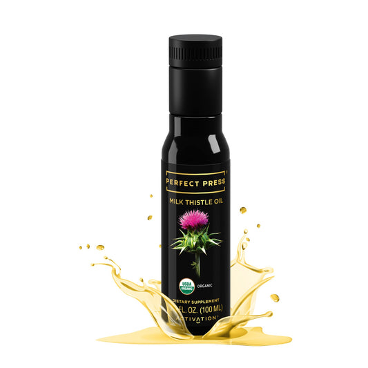 ACTIVATION Perfect Press Milk Thistle Oil bottle highlights premium cold-pressed oil for detox support