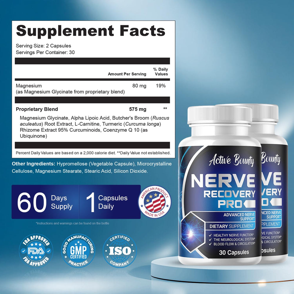 Active Bounty Nerve Recovery Pro ingredients panel highlights natural components.