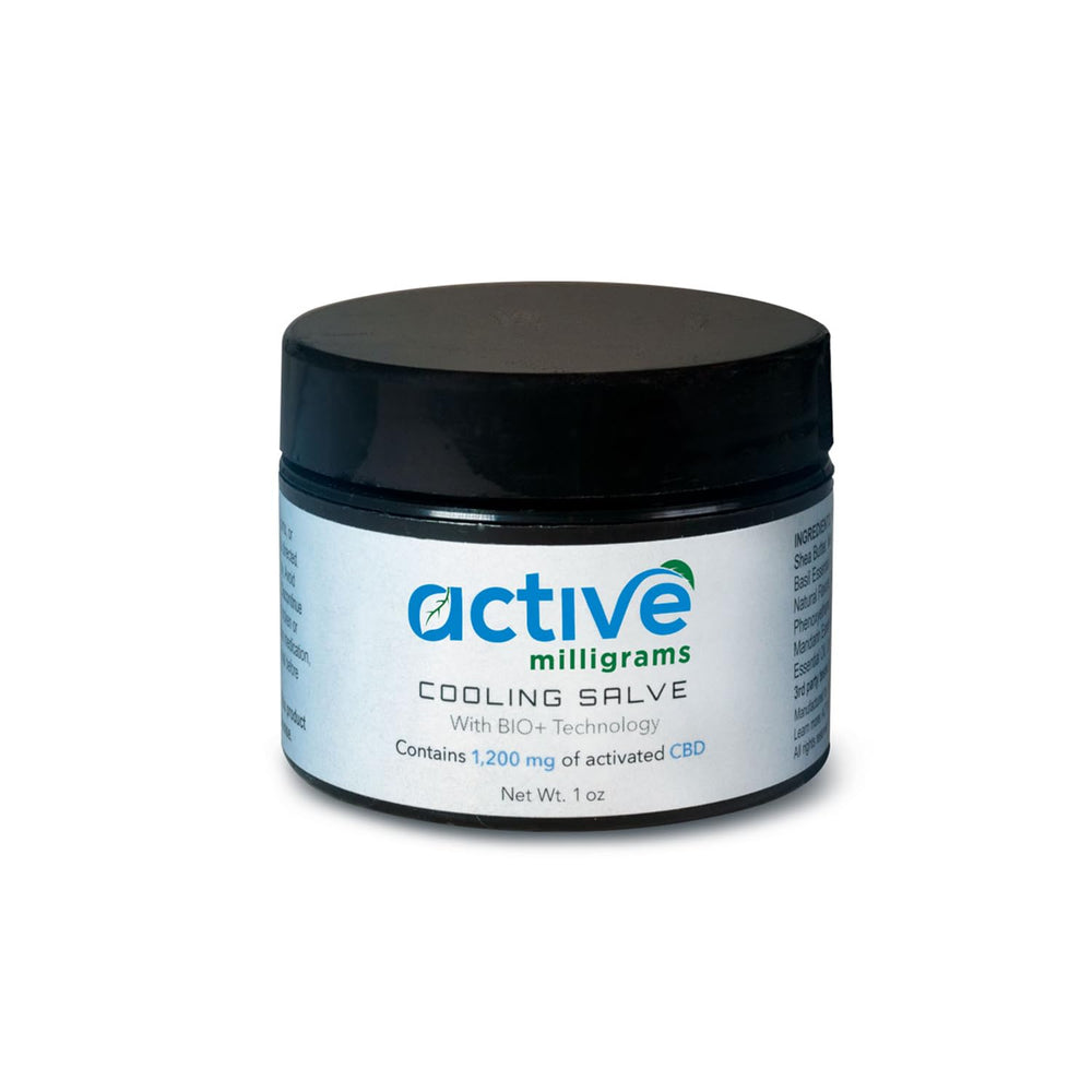Active Milligrams Hemp Cooling Salve packaging highlights on-the-go convenience.